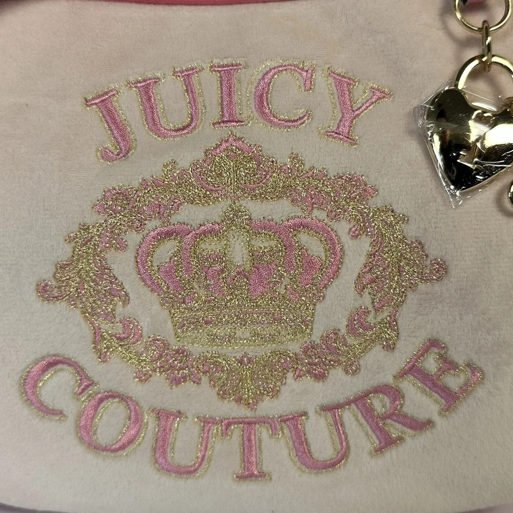Juicy Couture Velour Shoulder Bag Pink Cream Crown Embroidered Charm NWT Y2K